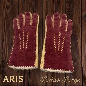 ARIS Suede Sherpa Lined Gloves Size Large Burgundy Tan Contrast Stitch VTG